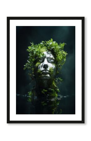 A beautiful male statue covered in lush green foliage emerges from the water. Concept of green ecology and sustainability. Generative AI.