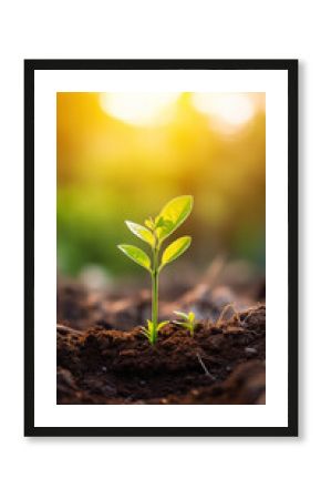 Growing Seedling with Morning Sunshine on Green Bokeh Background, AI generated