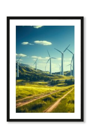 Green energy concept. Wind turbines against the backdrop of a green landscape and blue sky.