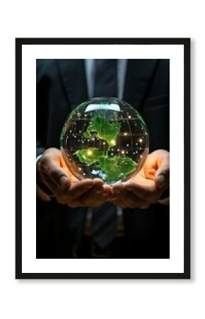 A businessman clutching an environmentally friendly image of Earth represents the commitment of the business to preserve the planet's ecosystem..