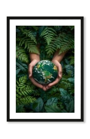 Earth Day Embrace: Hands Tenderly Holding a Globe Amidst Vibrant Green Ferns