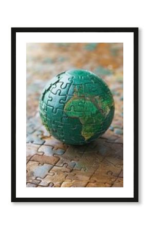 Green globe puzzle, pieces fitting together symbolizing global cooperation for environmental health