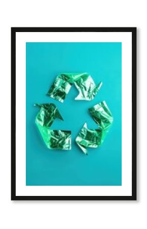A recycling symbol made out of green foil, symbolizing eco-friendly practices in recycling