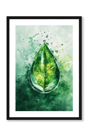 Green Hydrogen Droplet in a Lush,Sustainable Future Illustrated in Luxurious Watercolor Art