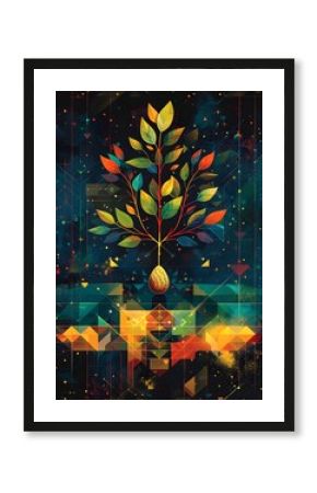 Flourishing Tree of Life Stylized of Seed Transforming into Vibrant Geometric Growth