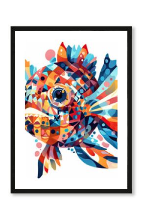 Cute Pufferfish with colorful patchwork geometric pattern and abstract elements on white background for clothing design, textiles, posters, paintings, souvenirs, packaging, baby products, website