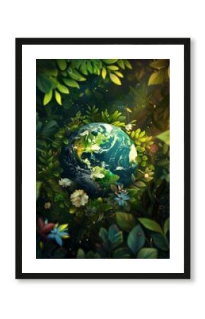 illustration of planet Earth globe in green leaves, responsible consumption and resources sustainability, balance of ecology and harmony with environment concept