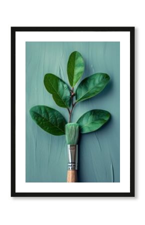Creative concept of green paintbrush with fresh leaves on textured background