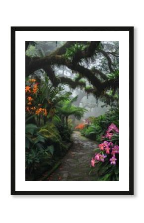 Beautiful colorful flowers in deep tropical rainforest with green plants, moss, ferns.