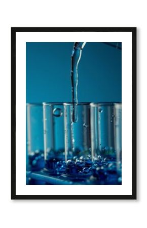 Various test tubes and pipettes filled with blue liquid water samples on a blue background. A pipette is dropping water samples into test tubes. Laboratory glassware, science laboratory.