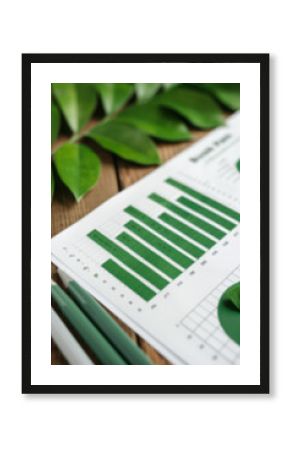 Eco-friendly business report with green charts and leaves on wooden table, emphasizing sustainability and environmental impact.