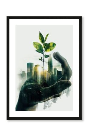 Businessman protecting growing sustainable city with green trees