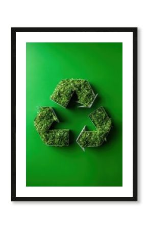 A vibrant green background featuring a recycling symbol made of lush grass, promoting eco-friendliness and sustainability.