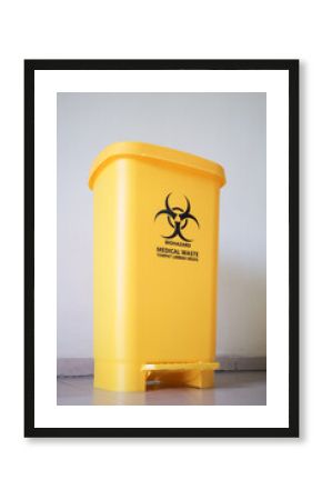 Medical waste bin. Biohazard contaminated waste sign trash garbage bin.