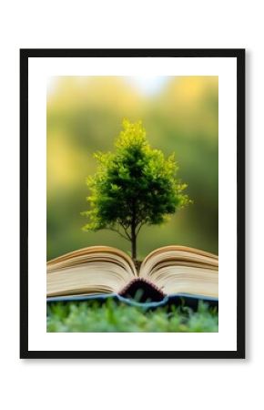 A small tree grows from a book, symbolizing knowledge, growth, and the connection between nature and education. 