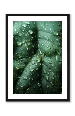 A close-up, macro photograph of a vibrant green leaf covered in fresh, glistening water droplets.  