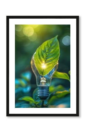 Innovative Green Energy Concept Featuring a Leaf Inside a Light Bulb for Eco-Friendly Posters and Designs