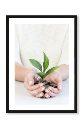 Saving money concept and woman’s hands holding money coin with growing plant 