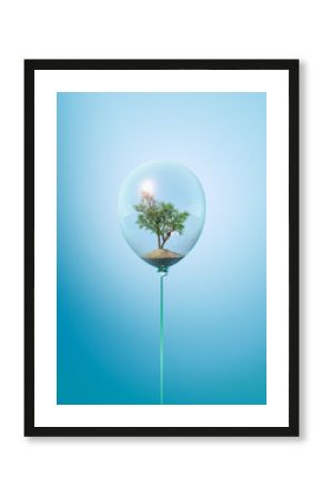 Minimal balloon concept with green tree inside. Minimal flying balloon ecology idea with growing tree on blue background.
