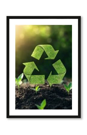 Grass textured recycling symbol hovering over fertile soil with sprouting plants, representing eco friendly practices and environmental sustainability initiatives for a greener future