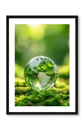 Glass globe, Crystal globe on green moss in forest to protect nature, Eco-friendly esg conservation care for the earth for sustainability keep the earth clean and ecology. Earth Day, Environmental