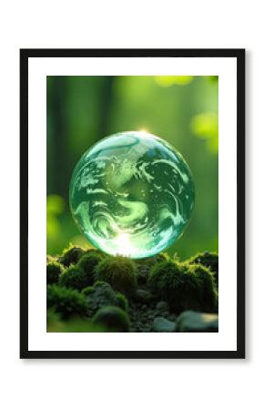 Glass glowing sphere of planet Earth in forest is a ball with an internal microclimate, a clean environment, protecting the ecology of the planet.