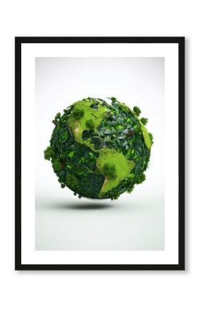 Green earth globe covered in leaves and moss showing North and South America floating against a white background