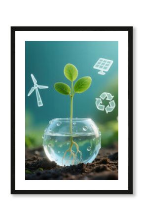 A plant sprouts from a water droplet, symbolizing water conservation and new life. Icons for wind power, solar energy, and recycling emphasize environmental sustainability.