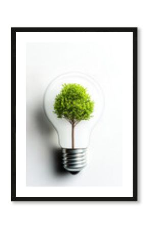 A green tree grows inside a clear light bulb, symbolizing eco-friendly energy and environmental sustainability.