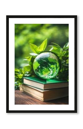 Green Globe Rests on Books Surrounded by Leaves