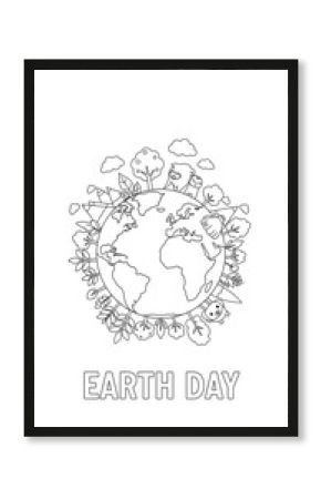 Cute earth day coloring page with trees clouds and animals isolated on transparent background