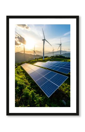 Solar panels  wind farm sunset.