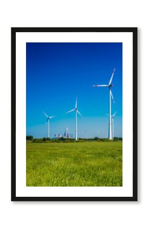 Wind turbines and lignite-fired power plant in Grevenbroich, Germany