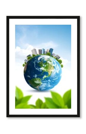 A stylized Earth globe with a cityscape nestled among greenery, set against a bright sky