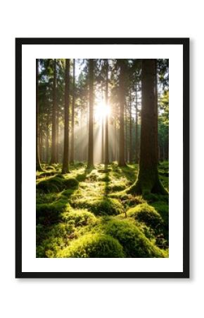 Sunbeams pierce a dense forest, illuminating moss-covered ground