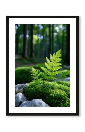 Vibrant Green Fern and Moss on Rocks in a Sun-Dappled Forest Glade