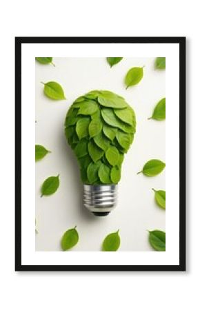 Lightbulb made of green leaves on white background