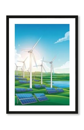 Green power landscape: a wind turbine in a field with solar panels and a blue sky