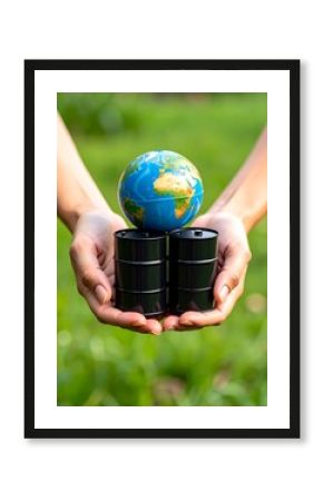 Hands holding a globe and oil barrels over a grassy background