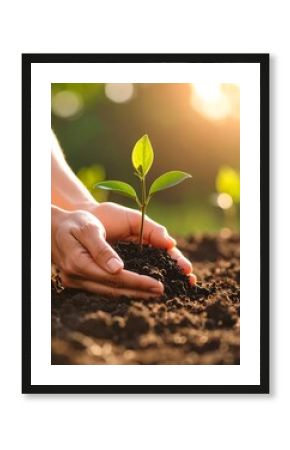 Hands planting a young sapling in rich soil, bathed in sunlight