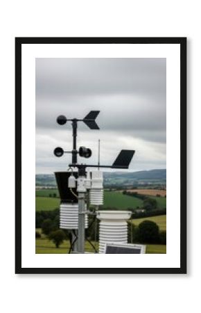 Weather station measuring atmospheric conditions. Meteorology equipment for climate analysis. Modern technology for environmental science.