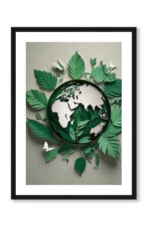 Paper earth globe surrounded by green leaves and butterflies