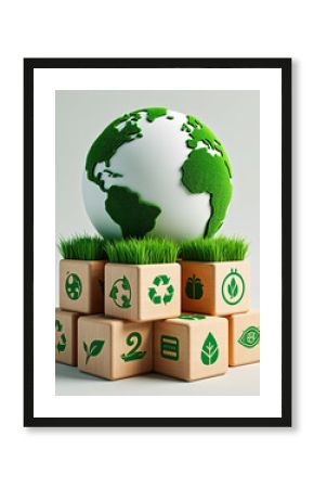 Eco-Friendly Earth with Grass Blocks and Recycling Symbols for Sustainable Development