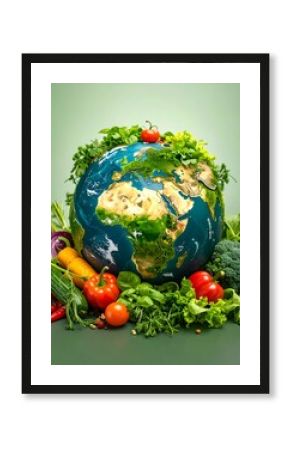 A globe adorned with fresh produce, symbolizing the importance of healthy food for a sustainable planet.