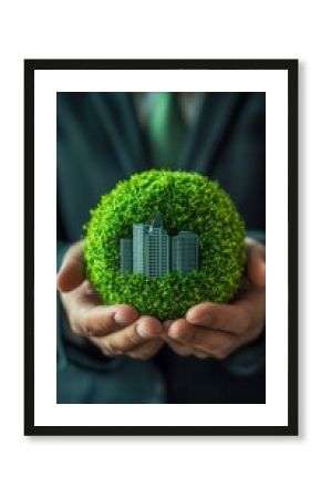 Hands hold a green ball with miniature buildings inside, symbolizing ecology and sustainable development. Useful for articles on environmental protection, green technology, and urban planning.