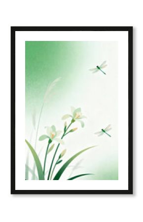 Dragonfly Flying Among Flowers