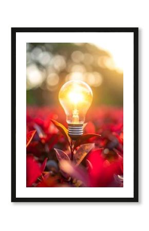 Illuminated lightbulb atop red foliage, sunlight setting in background