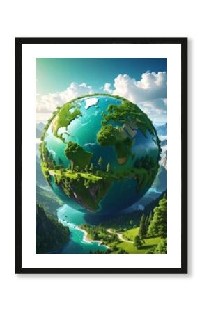 A vibrant globe of Earth, lush with greenery and serene landscapes