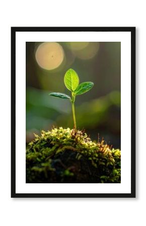 A tiny verdant sprout emerges from a mossy surface, bathed in sunlight. Bokeh lights grace the blurred backdrop
