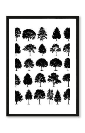 Black silhouettes of various tree types against a white background